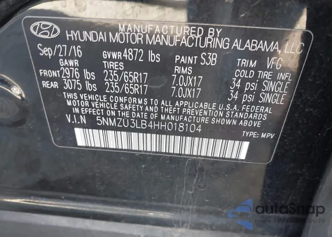 2017 Hyundai Santa Fe Sport 2.4L from USA, damaged, VIN 5NMZU3LB4HH018104